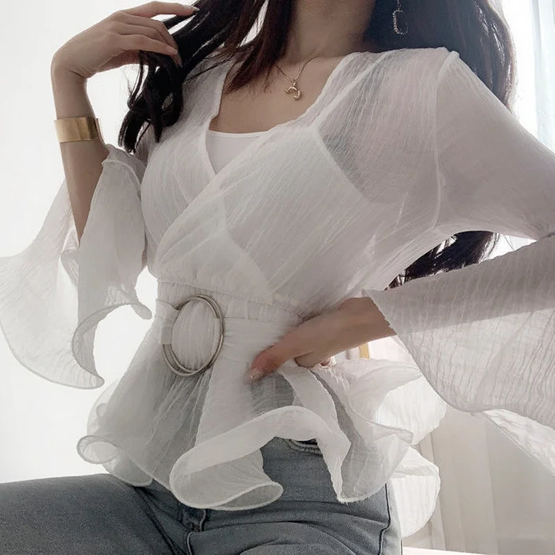 Blouse Women Sashes Solid Temperament Fashion All-match Slim V-neck Summer New Breathable Vintage Flare Sleeve Lady Korean Style