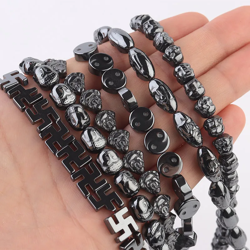 Natural Stone Beads Indian Maitreya Buddhism head Guanyin Black Hematite Loose Spacer BeadsFor DIY Jewelry Making Bracelet 15''