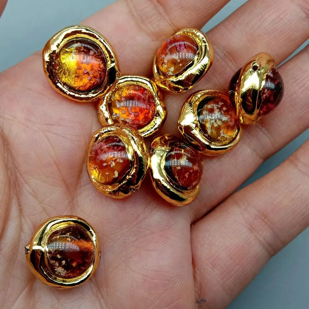 10 Pc 16mm Orange Color Noctilucent Murano Glass Round Gold Plated Beads For Bracelet Making Diy Accessories