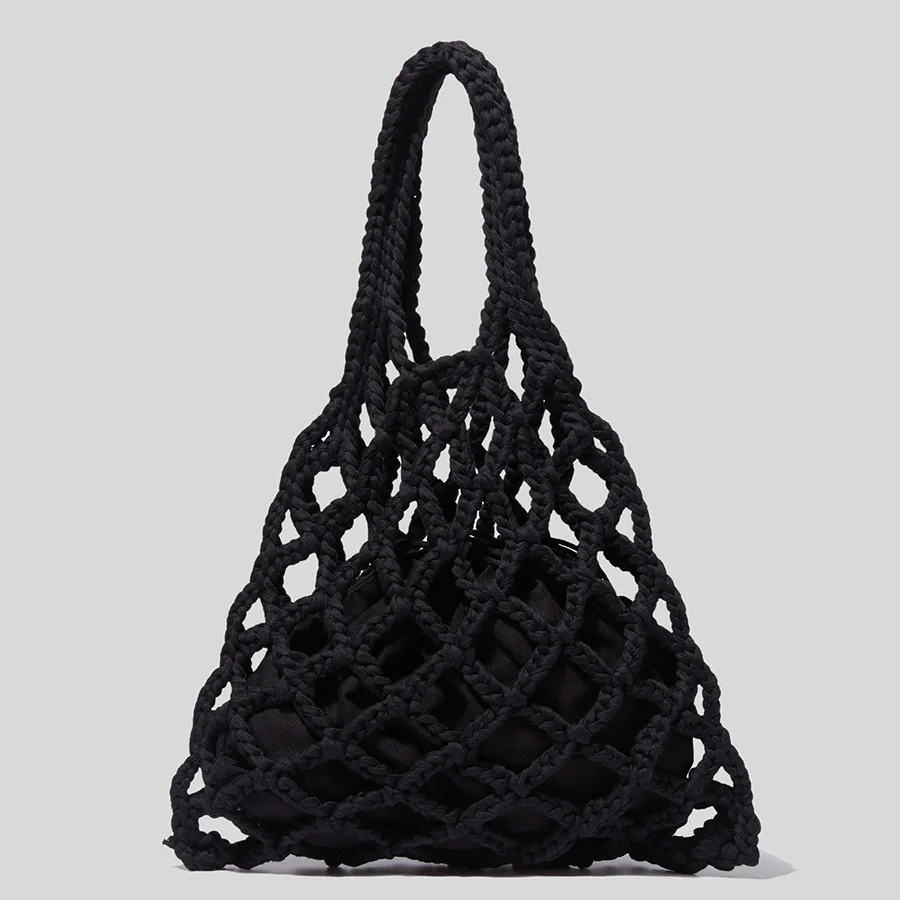 Designer Braided crochet net bag Women Casual summer woven beach bucket tote bag purse green khaki black color 2022 new