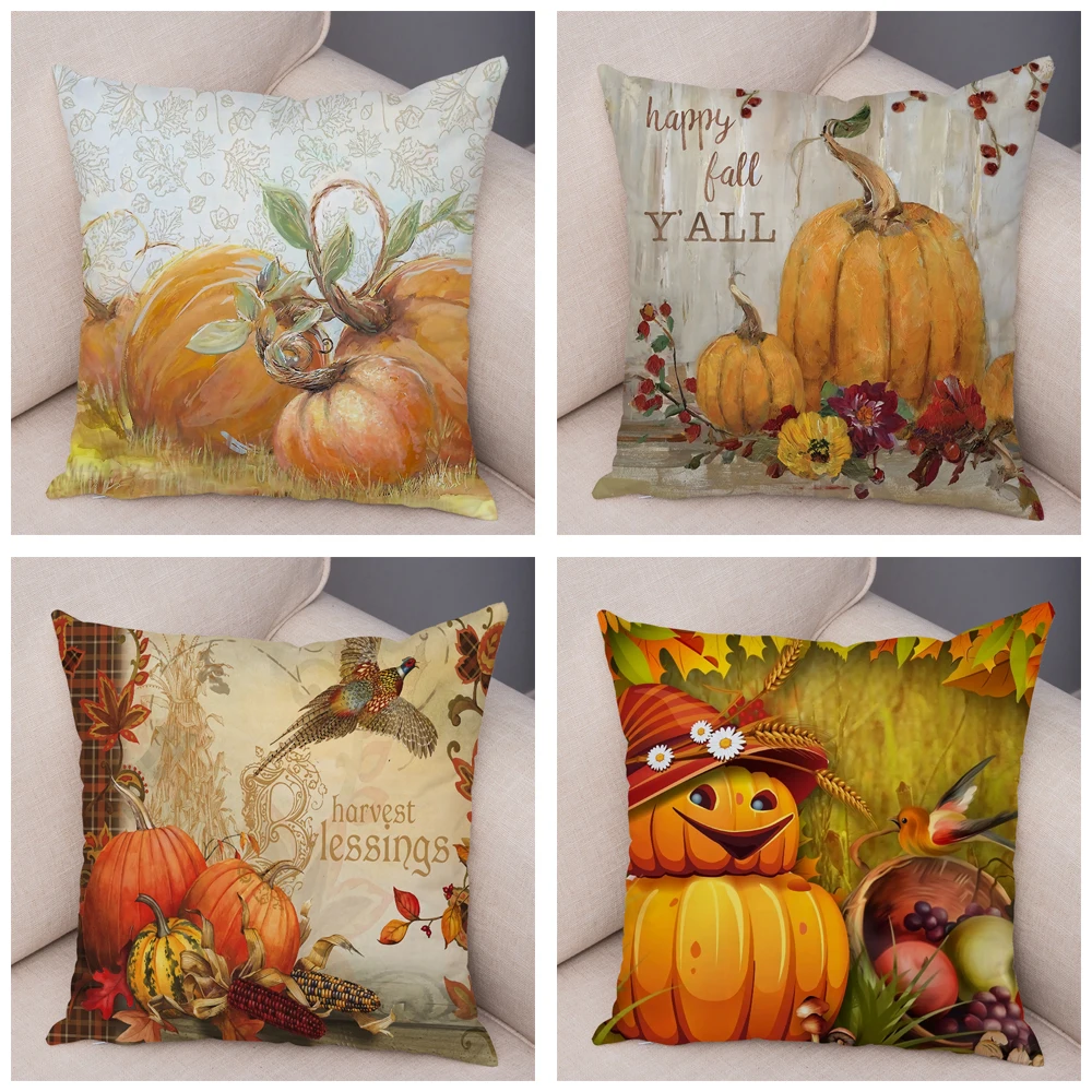 Colorful Watercolor Pumpkin Pillow Case Super Soft Short Plush 45*45cm Decor Plant Cactus Cushion Cover for Car Sofa Pillowcase