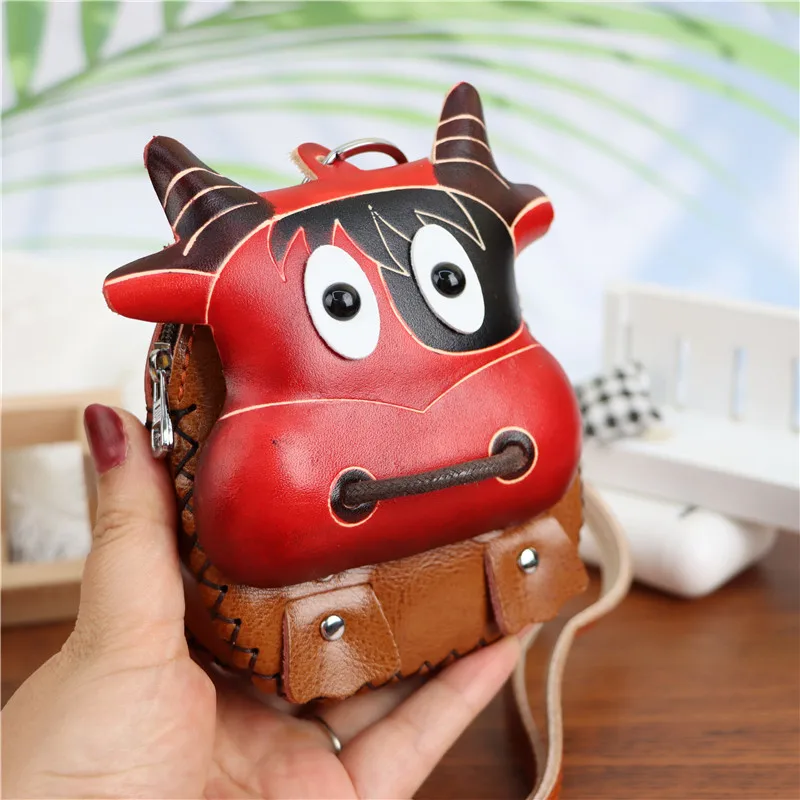 

Vegetable Tanned Cowhide Creative Cartoon Calf Coin Purse Car Key Bag Children Zodiac Messenger Bag Mini