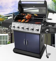 CSA,CE high quality outdoor gas bbq grill,six burners+sider burner ga bbq grill with skewer+motor+cover