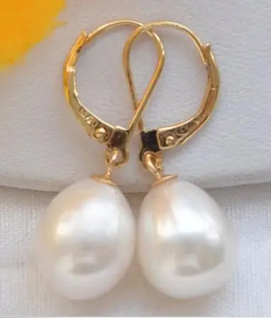 

free shipping noble jewelry 14K Yellow Gold HOT Huge AAA+ 10-13mm White South Sea Pearl Earrings