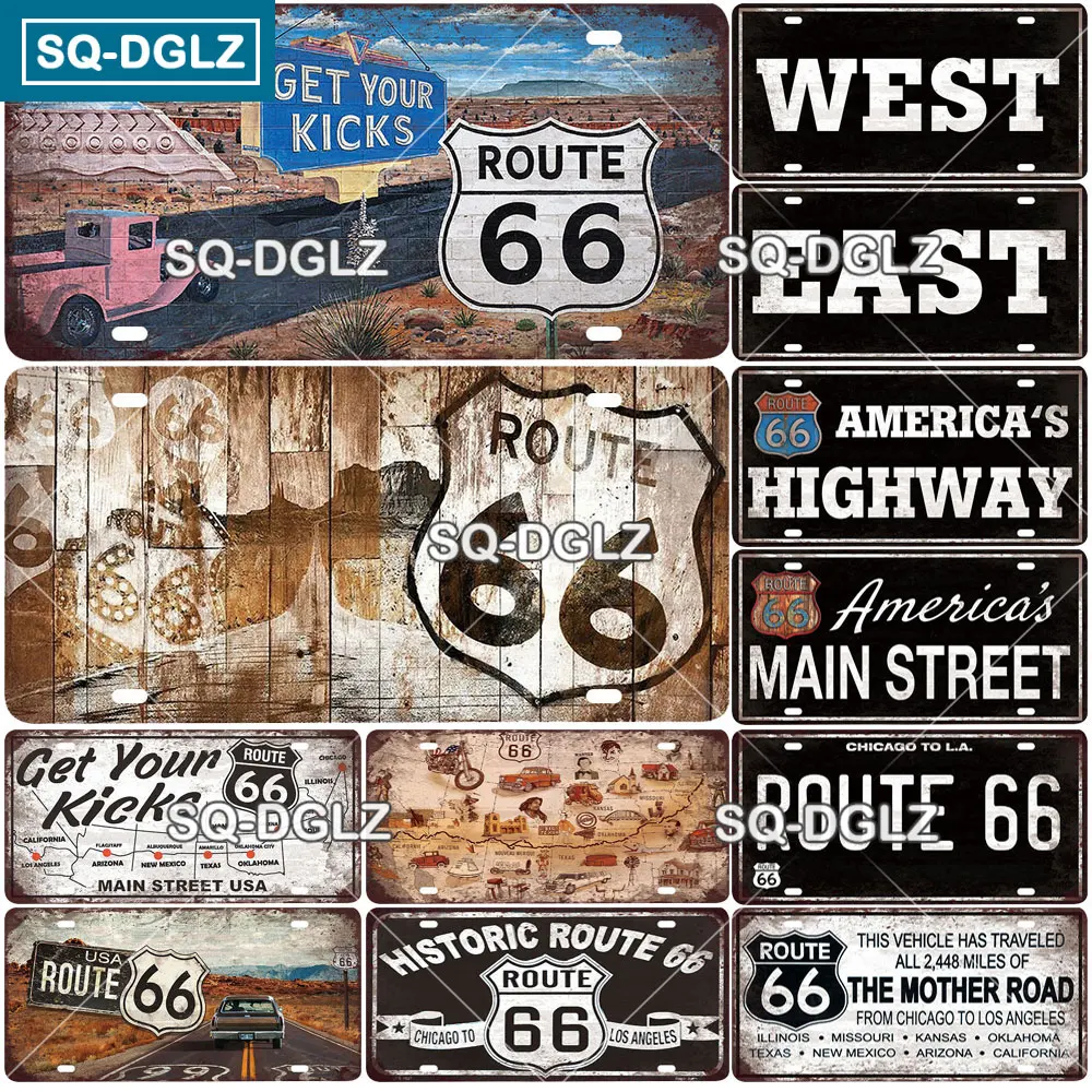 ROUTE 66 Metal Sign Tin Sign Licenses Plate Garage Decor Plaque Vintage Man Cave Bar Pub Club Home Wall Decor Garage Poster