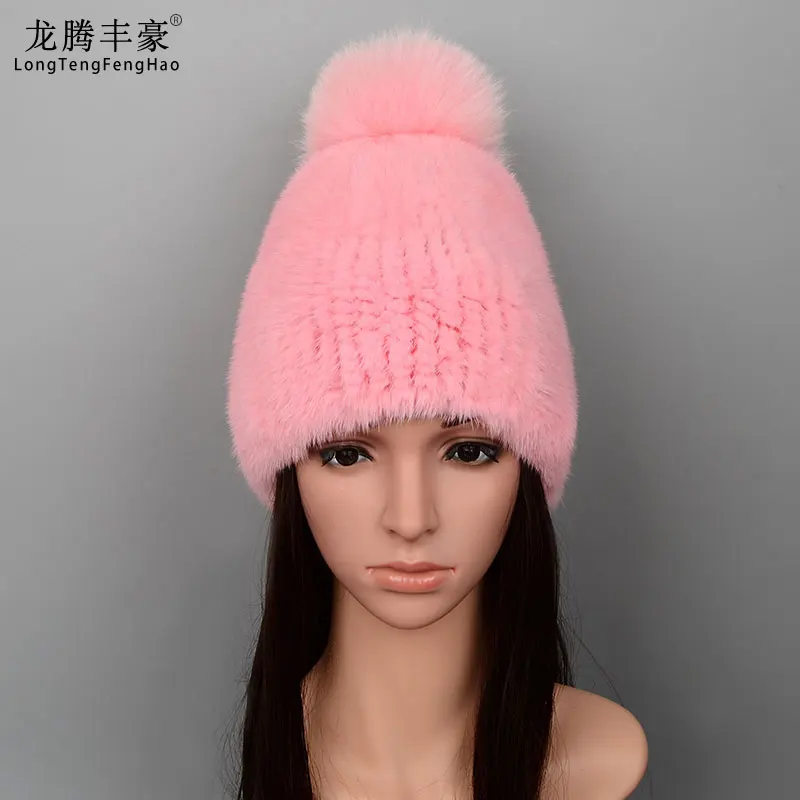 Mink Fur Knit Hat With Fox Fur Ball Winter Warm Women\'S Beanie Hat 100% Natural Authentic Fur Hat Russian Women\'S Hat