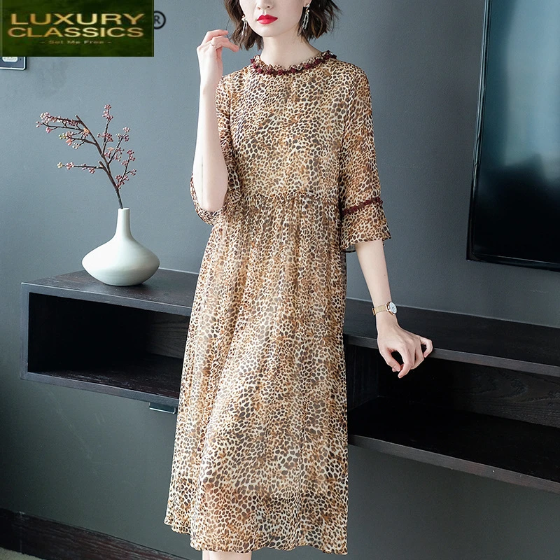 Women Dress Vintage Summer Long Elegant Real Silk Dresses Boho Beach Evening Party Dresses Loose Leopard Vestidos 46303