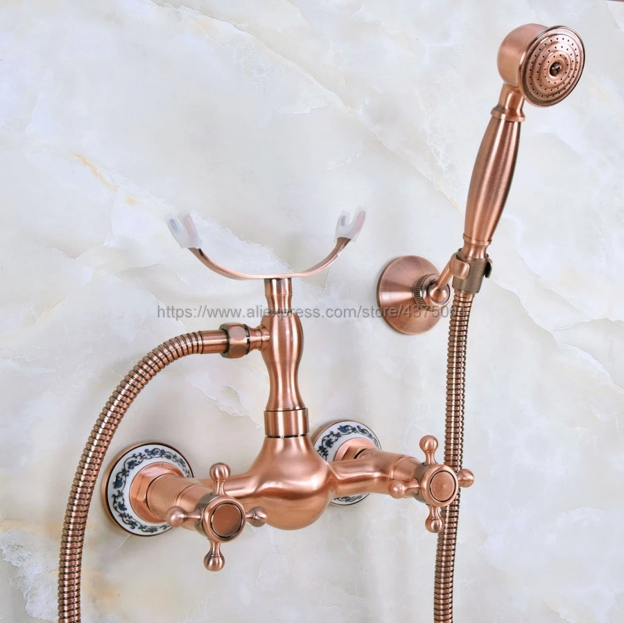 

Antique Red Copper Shower Faucet Double Handles Hand Held Shower Head Kit Shower Faucet Sets Nna343