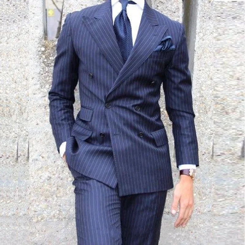 

Classic Navy Blue Stripe Men Suits Groom Tuxedos Groomsmen Best Man Wedding Suits Bridegroom Business Prom Suits Jacket+Pants