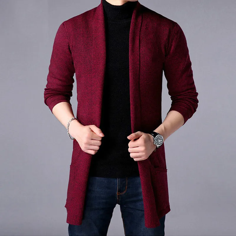 Casacos longos e finos de suéter masculino, jaquetas monocromáticas de malha, suéteres masculinos casuais, outwear cardigan, moda, outono, 2024