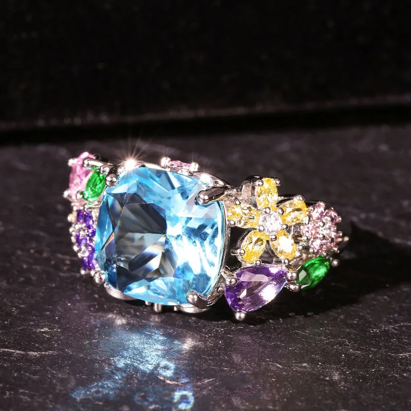 Romantic Rings For Women Silver 925 Engagement Jewelry Shiny Zircon Colorful Square Flower Ring Lady Wedding Accessories KOFSAC