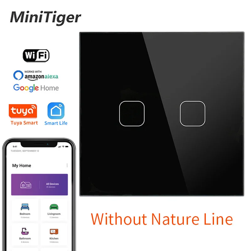 Minitiger 2 Gang Crystal Glass wireless TOUCH Switch Light home Smart Life Tuya APP Google Home Amazon Alexa  Smart Light Switch