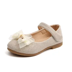 Kids Flats For Girls Shoes Toddlers Little Girl Children Dress Shoes Glitter Leather With Lace Bow-knot Princess Wedding Shoes