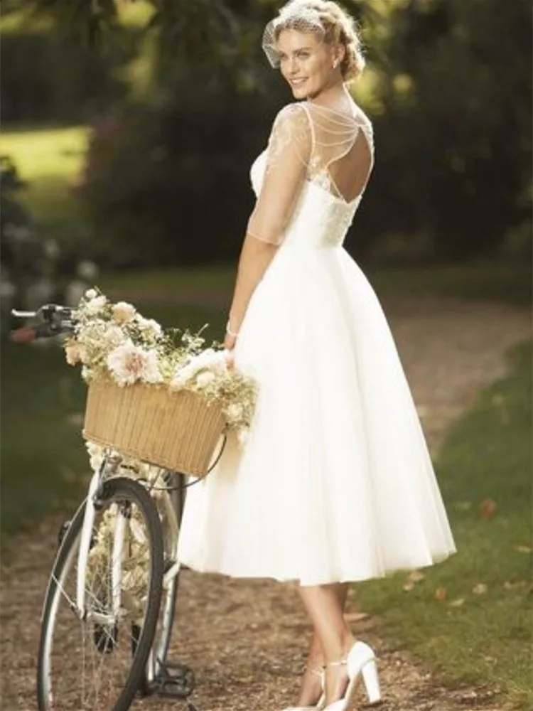 Vestido De novia corto personalizado De media manga 2025, apliques De encaje sin espalda, barato para mujer, vestido De novia corto para novia, bata De Marie