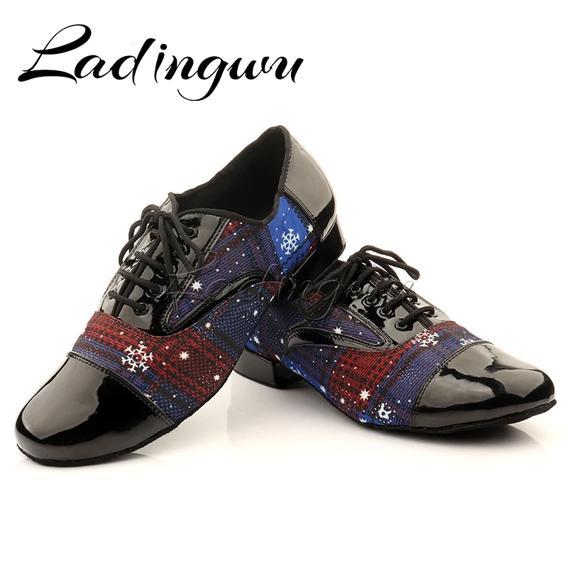 Ladingwu Men Low-heeled Dance Shoes Latin Dance Shoes Men Salsa Tango Ballroom Dance Shoes PU and Denim Christmas Doodle Blue