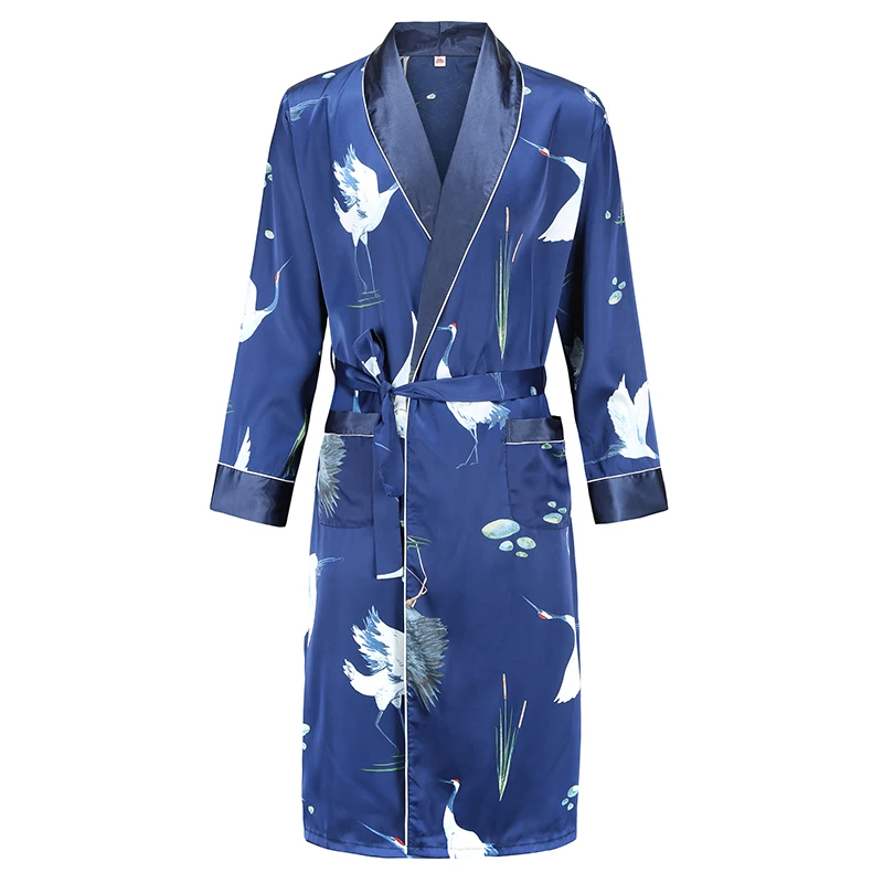 Men Mens Robe Long Sleeves Bathrobe Silky Satin  Kimono Dragon Print Pajamas Bathrobe Night Dressing Gown