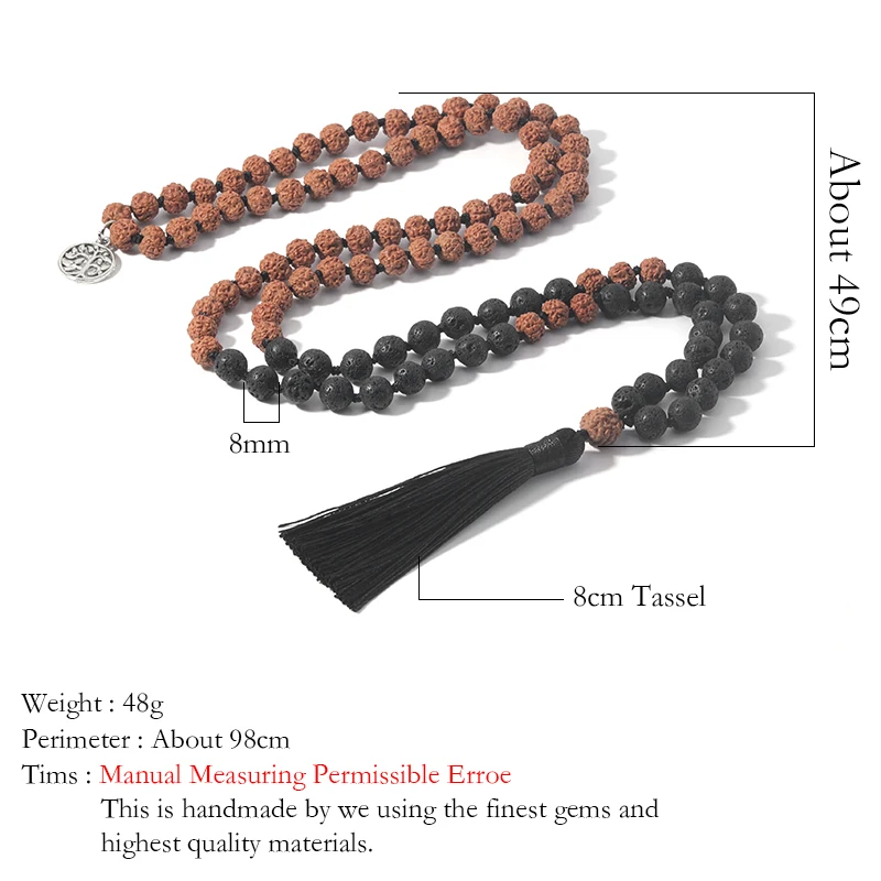 Rudraksha&Black Lava Beaded Knotted 108 Mala Necklace Meditation Yoga Japamala Jewelry with Tree of Life Charm