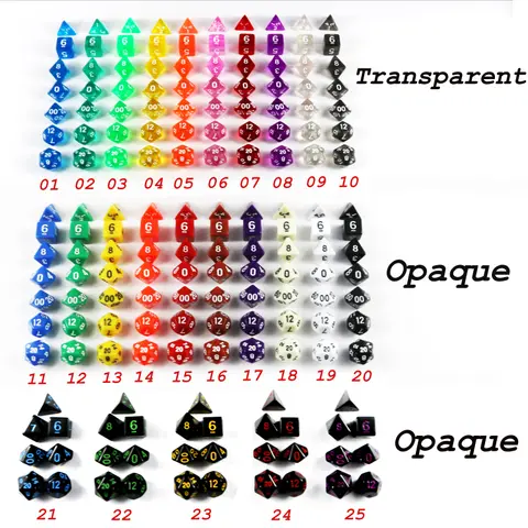7 pc/lot 주사위 세트, D4,D6,D8,D10,D10 %,D12,D20 25 색 다른 색상 DND 게임 도매
