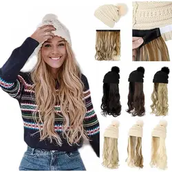 SHANGZI Long Wavy Hat Wigs Synthetic white Beret Hat Knitted Fashion Autumn Winter Cap Hair Wig Hair Extensions 2021