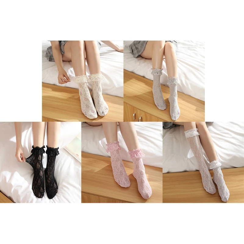 Women Ultrathin Floral Lace Anklet Socks with Ruffle Cuff Japanese Style Lolita Kawaii Solid Color Sheer Fishnet Hosiery