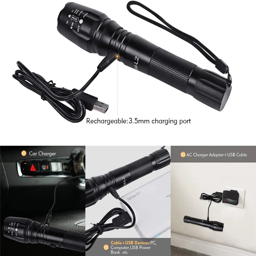 15000LM Super Powerful LED Flashlight Rechargeable Tactical Torch 5 Modes Zoomable Bicycle Light For Camping Outdoor Hiking