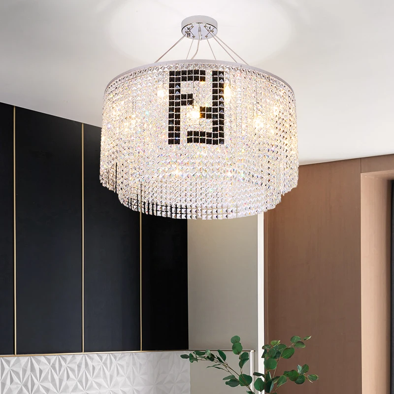 

Rectangular K9 Crystal Light Black F Pendant Lamps Candelabro Hotel Villa Modern Lustres Clear Crystal Living Room Hanging Light