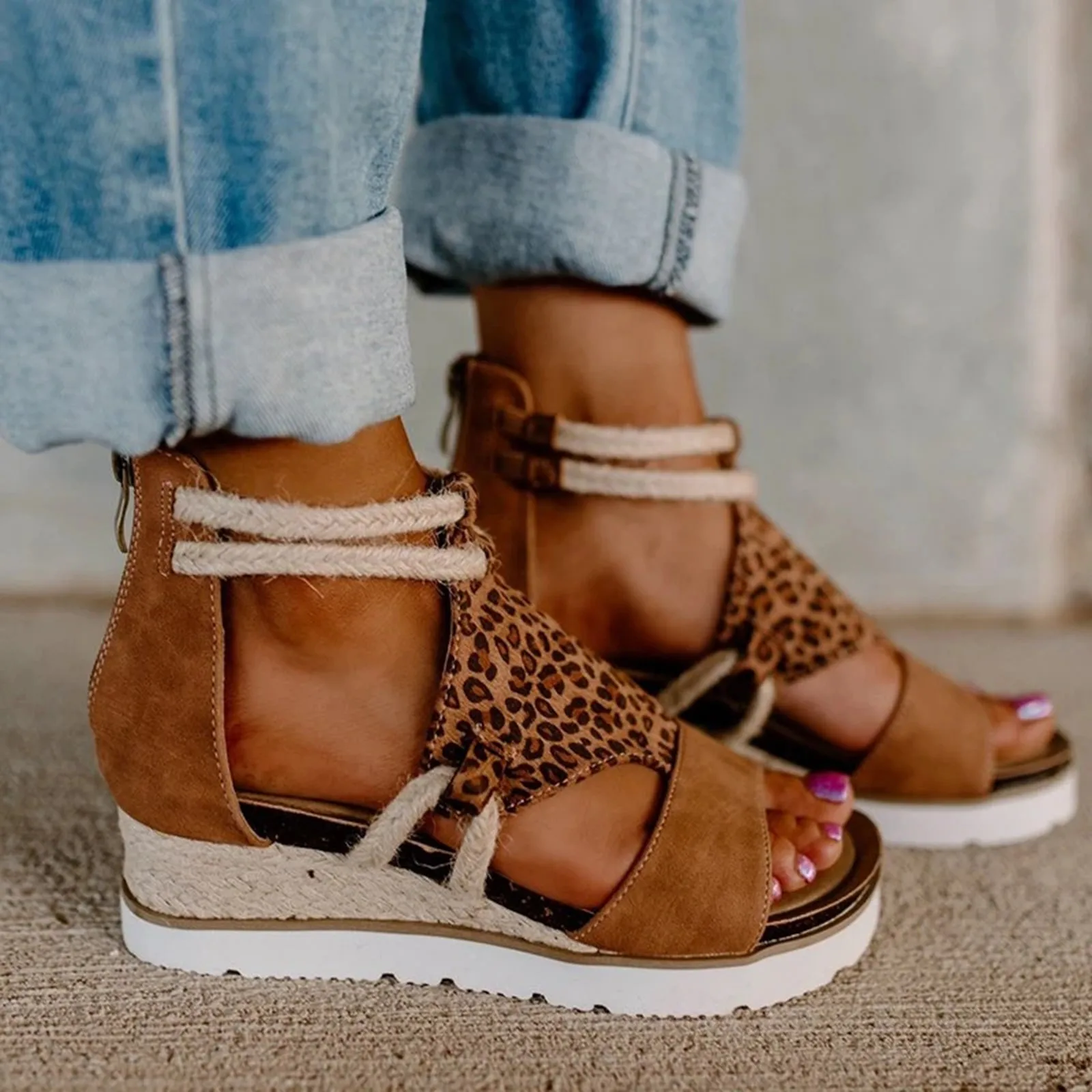 Women Plus Size Sandals Summer Ladies Fashion Casual Wedge Heel Open Toe Fish Mouth Foreign Trade Roman Style Sandals Shoes