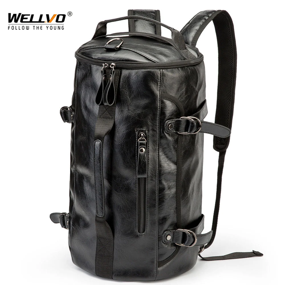 Men Leather Bucket Backpack Multifunctional Travel Bag Large Capacity Luggage Male Backpacks Travel Shoulder Bags XA607ZC