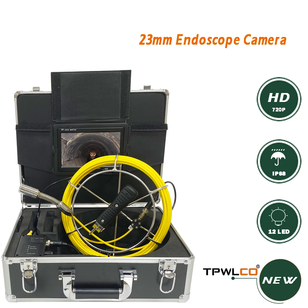 

20-50m Industrial Endoscope Drain Inspection System 23mm Waterproof Pipe Sewer Surveillance Video Camera 7" Screen 12 LEDs Light