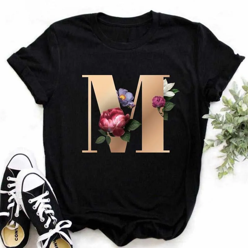 A B C D E English Alphabet Print T Shirt Women New Summer Couples Lovers Female T-Shirt Harajuku Casual Black Tops Tshirts