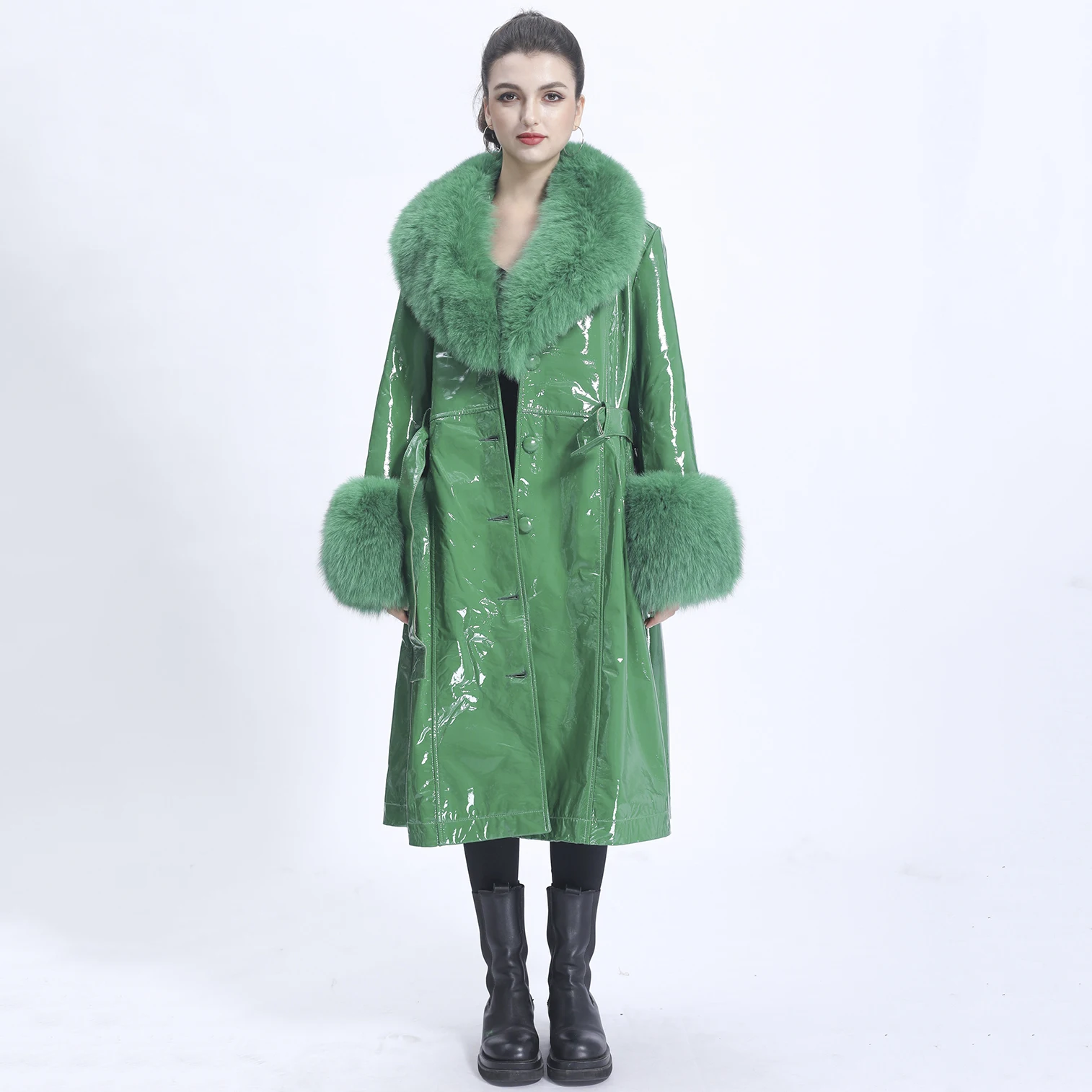 Missjanefur 2021 inverno jaqueta de couro feminina moda luxo real gola de pele de raposa couro patente com cinto longo trench pele de carneiro casaco