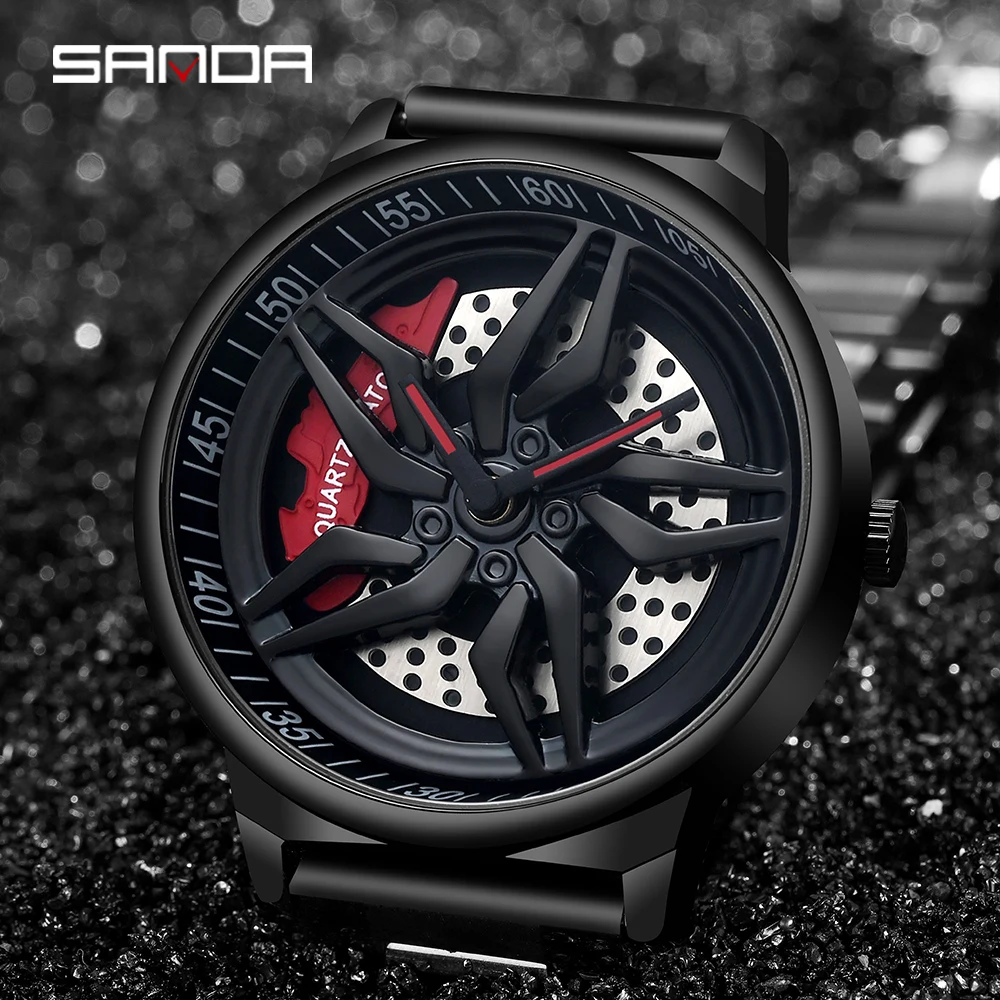 

SANDA Car Wheel Watch Men Quartz Rotating Dial Waterproof Sport Steel Clock Creative Rim Hub Wheel Wristwatch Relogio Masculine