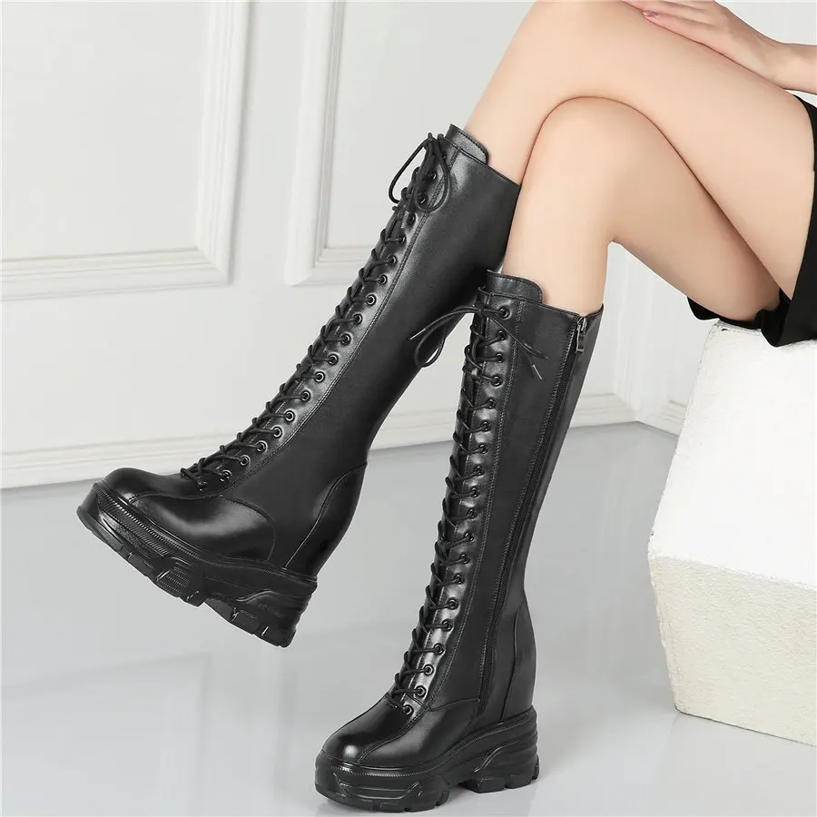 Thigh High Creepers Women Lace Up Strap Cow Leather High Heel Mid Calf Military Boots Female High Top Round Toe Fashion Sneakers