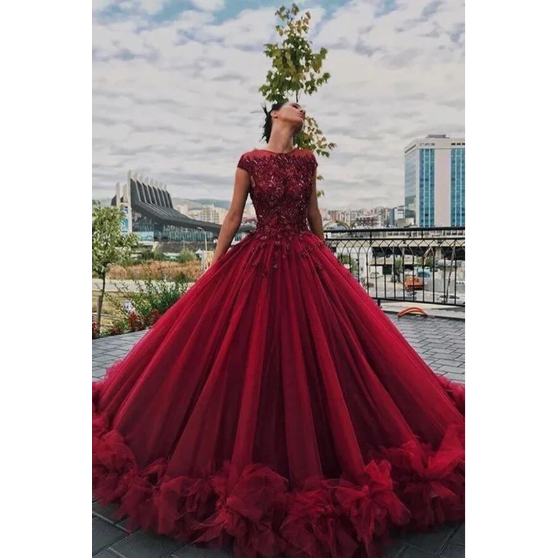 Burgundy Puffy Luxury Prom Dresses O Neck Appliques Tulle Ruffles Ball Gown Women Long Elegant Evening Gowns Custom Made 2022