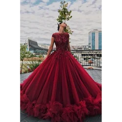 Burgundy Puffy Luxury Prom Dresses O Neck Appliques Tulle Ruffles Ball Gown Women Long Elegant Evening Gowns Custom Made 2025