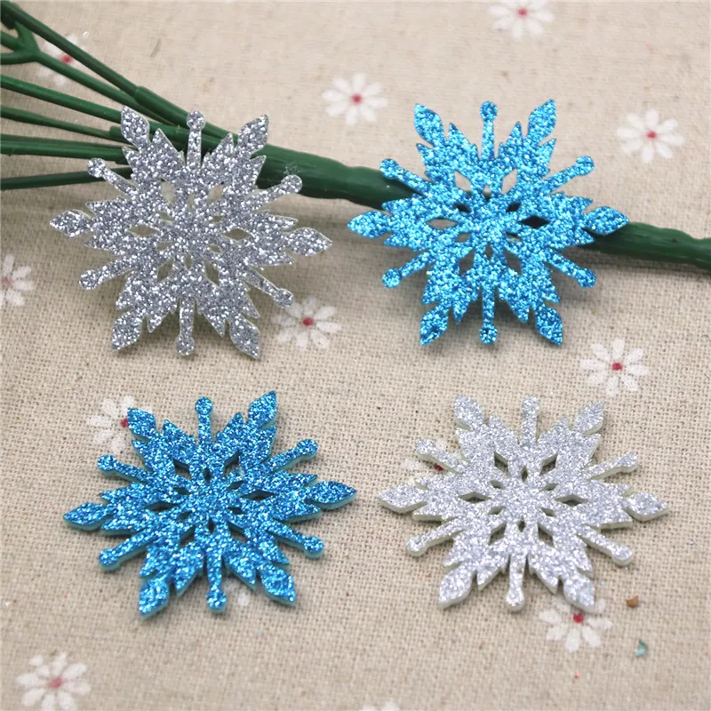 6CM Non-woven Shiny Bling-Bling white/blue patches Christmas snowflake Appliques for clothes Sewing Supplies DIY craft ornament