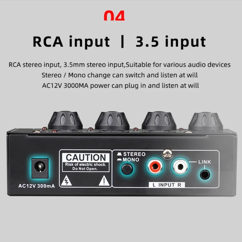 RCA Input 4 Channels Stereo/Mono Switch Mini Headphone Ultra-Compact Amplifier 6.35mm/3.5mm Stereo Output