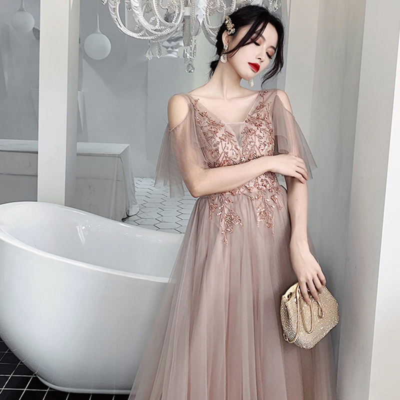 Bridesmaid Dresses Shining Sequin Appliques Women Wedding Party Dress V-Neck Half Sleeve Formal Long Gowns Elegant Vestidos R082