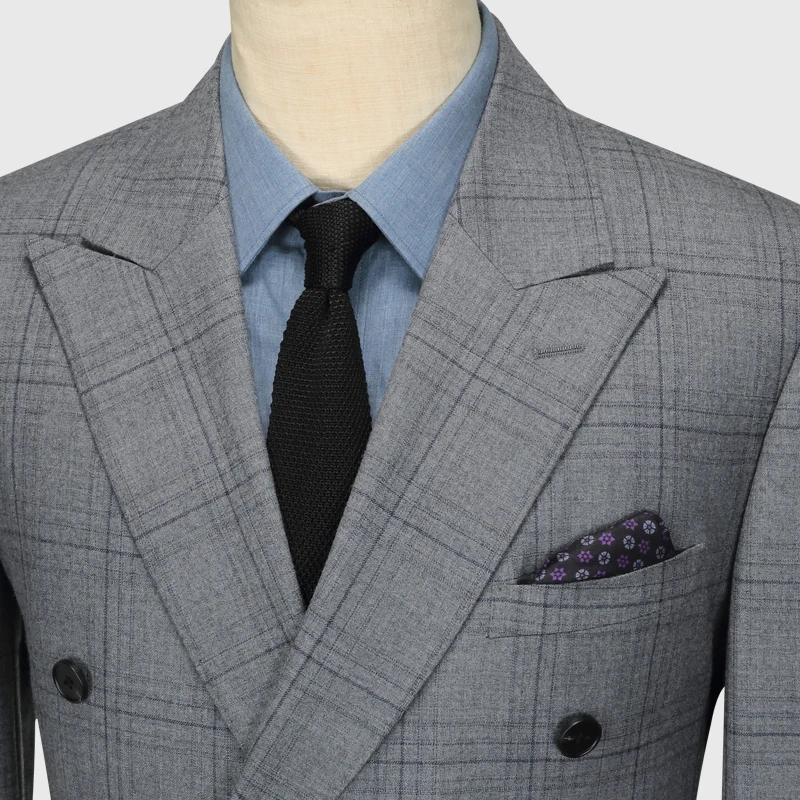 100% Wool Double Breasted Men Suits Set Blazer + Pant Grey Plaid Slim Style For Business Man Daily Wear Plus Size 58