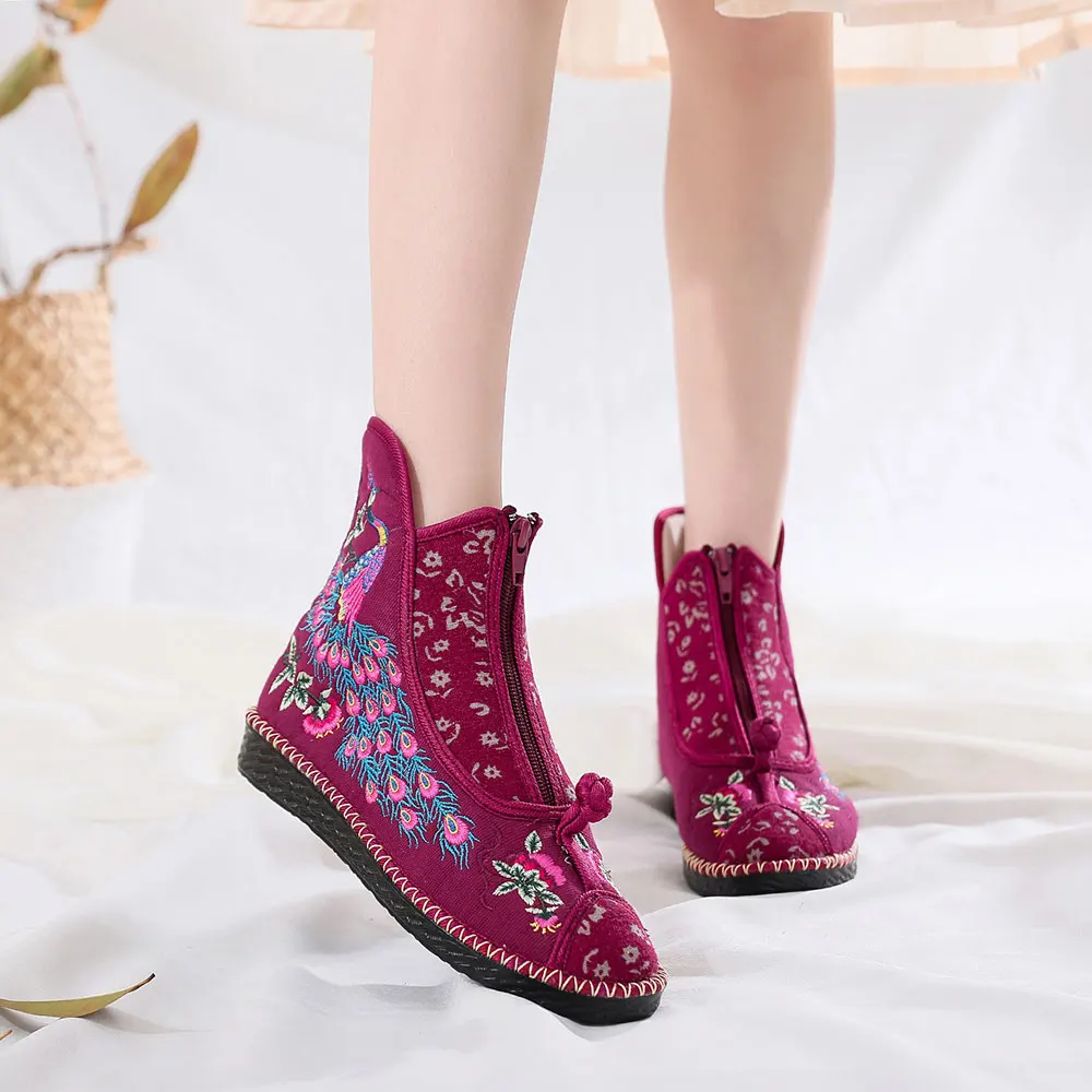Veowalk Peacock Embroidered Women Cotton Short Ankle Boots Autumn Winter Light Comfortable Booties Elderly Ladies Flat Shoes