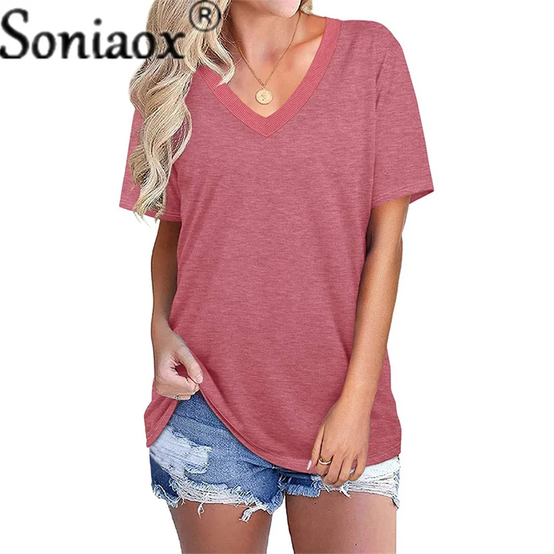 

2021 New Summer Women's Tops V-Neck Cotton T Shirts Solid Color Short Sleeve Tees Casual Loose Ladies Street T-Shirt