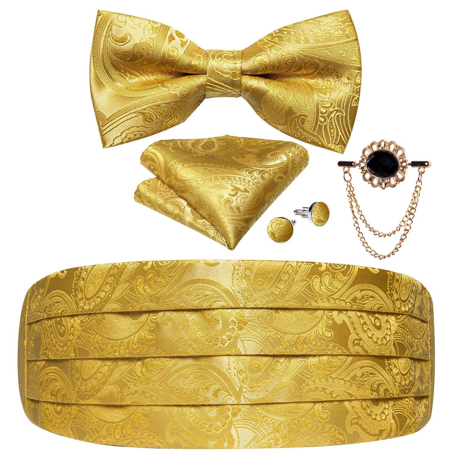 Gold Paisleyผู้ชายTuxedo CummerbundและBow Tieงานแต่งงานอย่างเป็นทางการCummerbundsเข็มขัดยืดกว้างเข็มขัดเข็มกลัดชุดDiBanGu