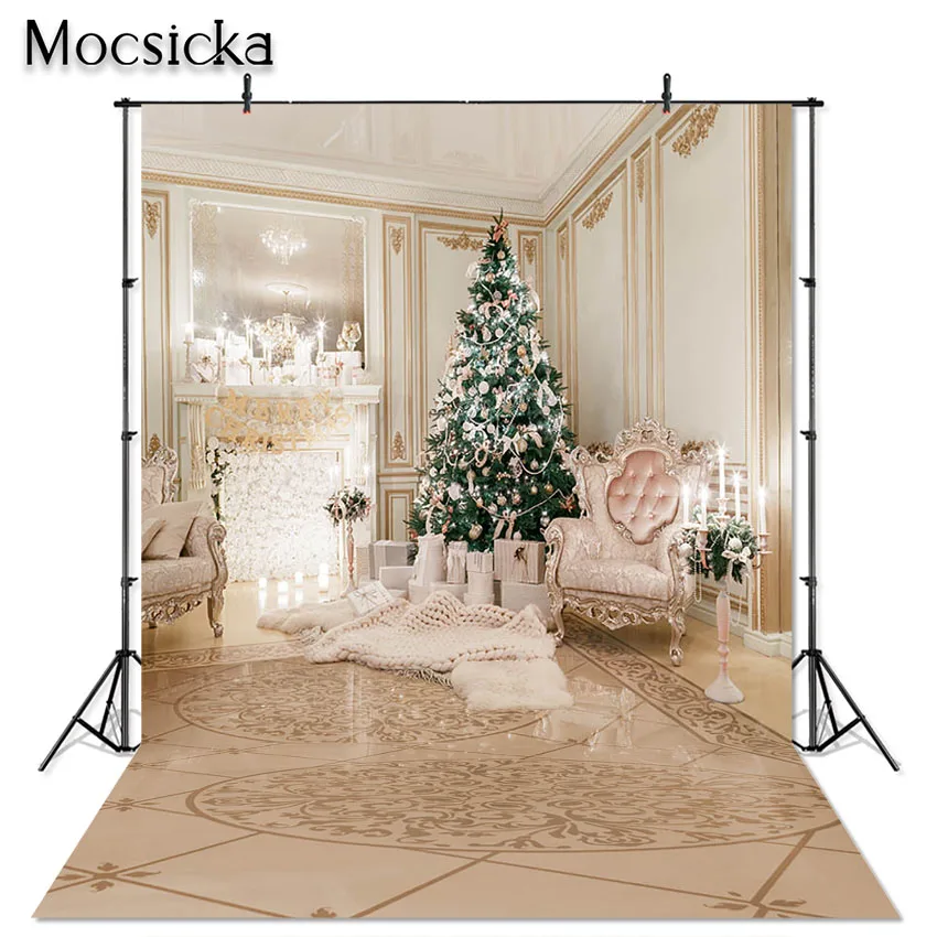 Mocsicka Christmas Photography Backdrop Golden Luxury Indoor Fireplace Xmas Tree Backdrop for Photo Studio Photoshoot Photocall