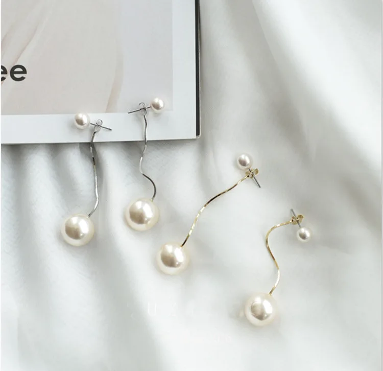 S925 Silver Korean Geometric Drop Earrings for Women White Round Pearl Long Earrings Jewelry Fashion Hoops 2020 brincos gifts