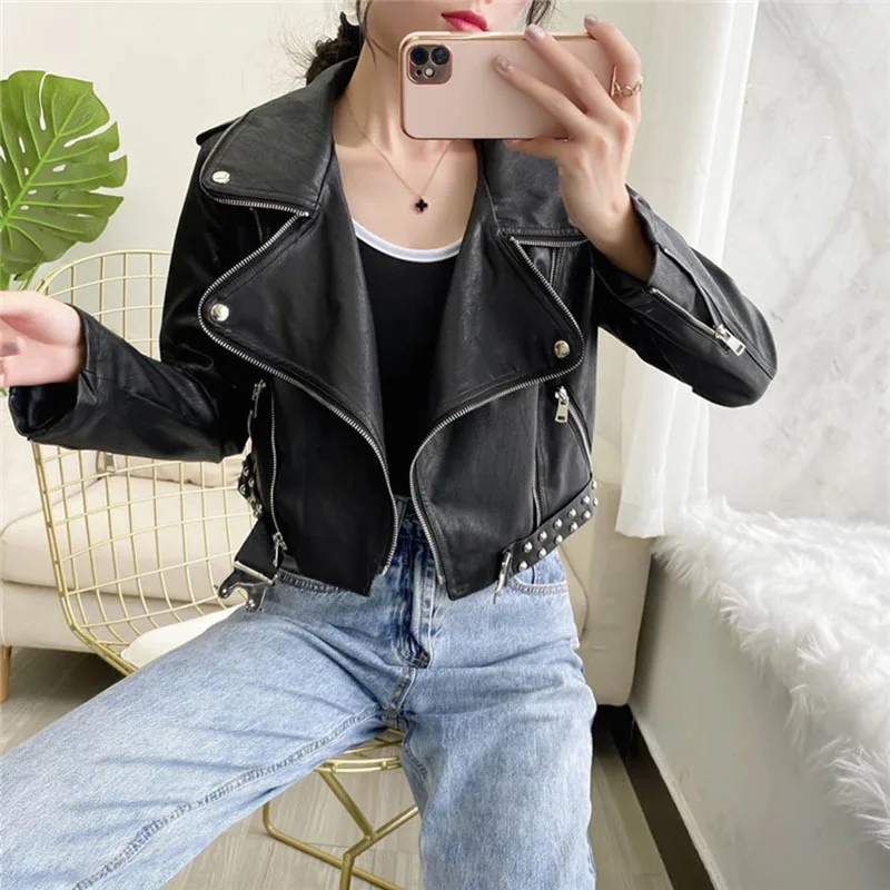 Black Beige Red Short Faux Leather Jacket Women Fashion Rivet Spring Autumn 2024 Korean Motorcycle Biker Jacket Female Outerwear