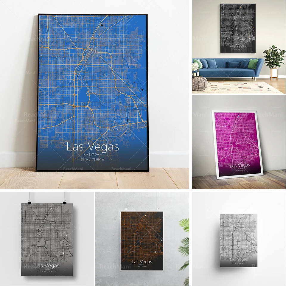 Affiche imprimée de carte de ville de Las Vegas / État du Nevada / différentes tailles et modèles de conception