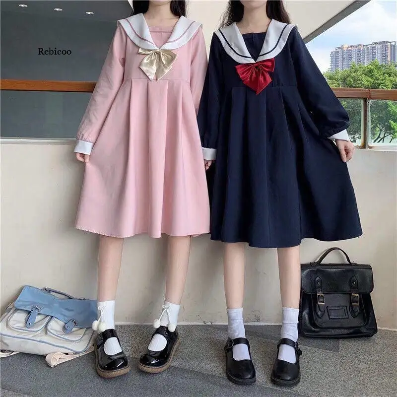 Summer Style Long Sleeve Dress Female Sweet Lovely Japanese Korean JK Short Sleeve Navy Collar Girlfriends A-Line Skirt