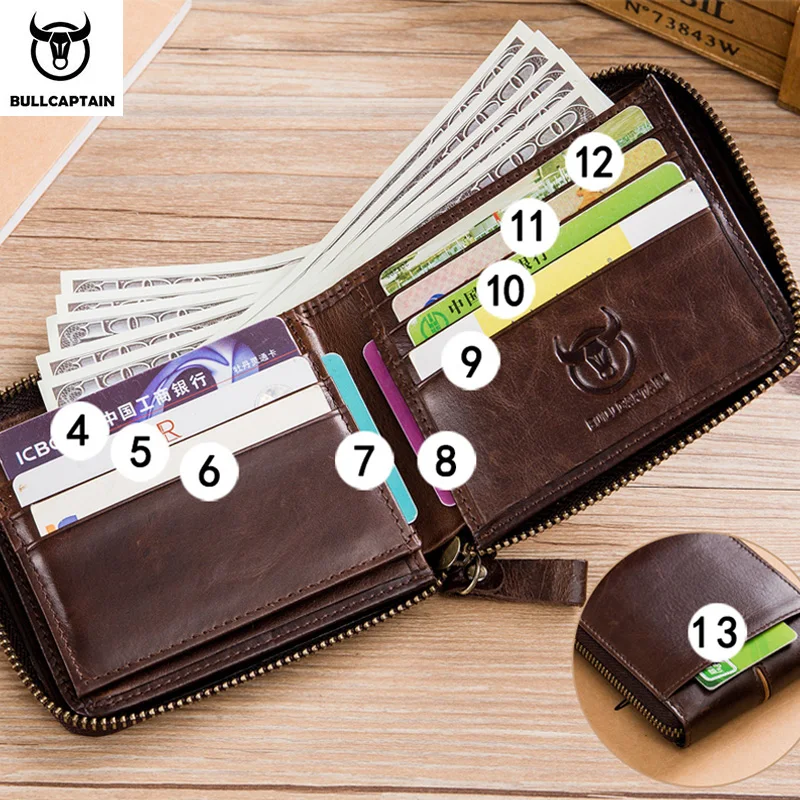 BULLCAPTAIN Genuine Leather Men\'s Wallet Vintage Zipper with Partition Clip RFID Credit Card Holder Burglar Leather Mini Wallet