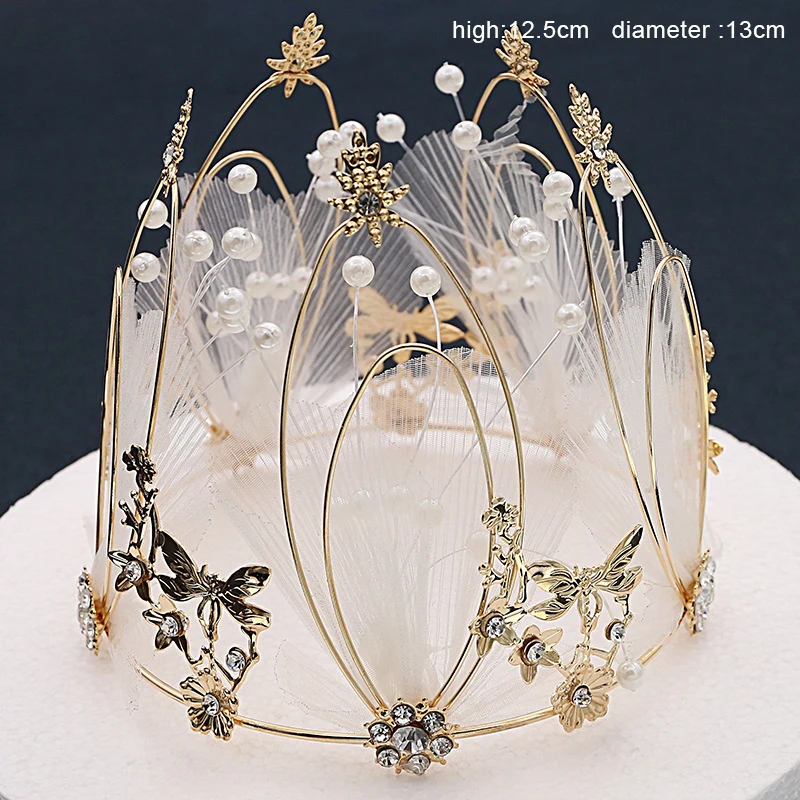 Fairy Princess Crown with Mesh Round Headwear with String Beads Queen Cake Decoration Costume Hair Accessory for Women Baking