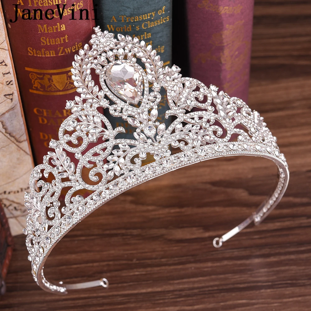 

JaneVini 2021 Luxury Big Bridal Tiaras Crowns European Silver Plated Crystal Diadem for Women Headdress Wedding Hair Accessories